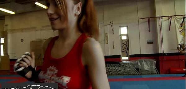  Athletic lesbians pussylicking in boxing ring
